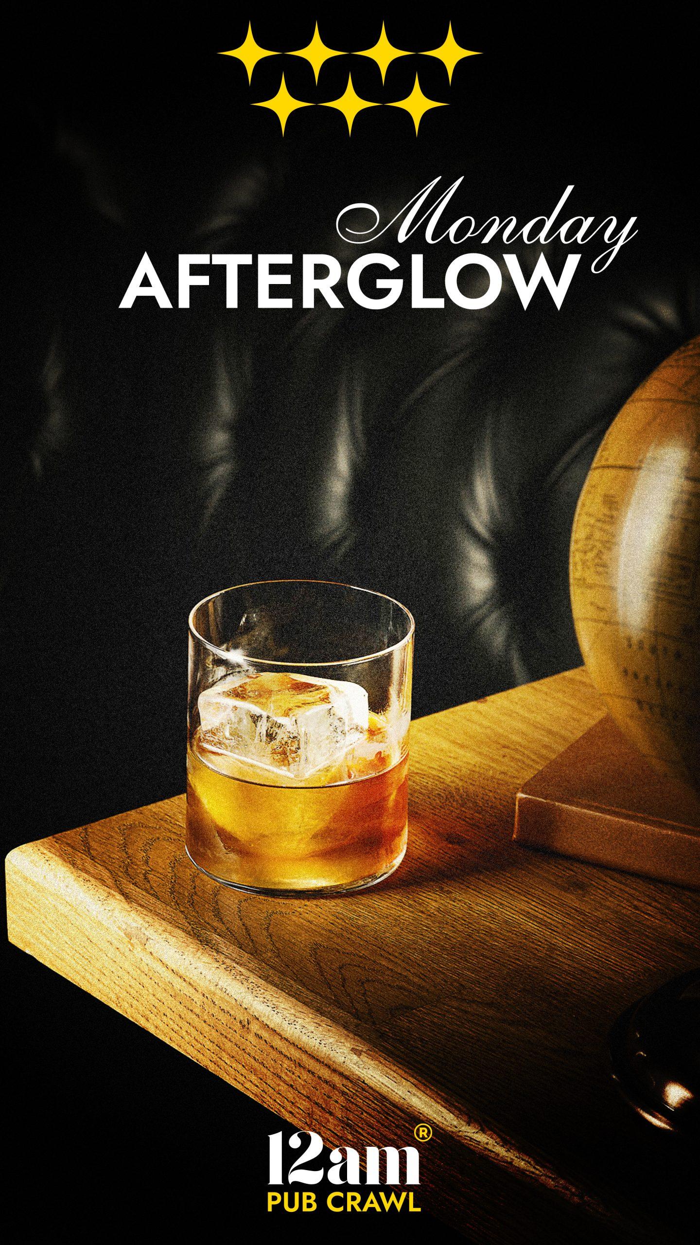 Monday Afterglow Madrid Pub Crawl flyer featuring a glass of whisky on a wooden table, with four gold stars and '12am Pub Crawl' logo. Perfect for experiencing Madrid's nightlife even on a Monday.