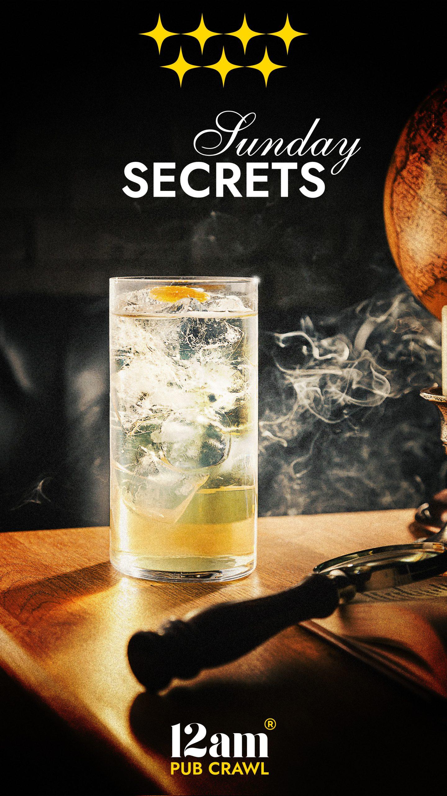 Sunday Secrets Madrid Pub Crawl flyer featuring a clear cocktail with ice and a lemon twist, on a wooden surface with smoke, four gold stars, and '12am Pub Crawl' logo. Uncover Madrid's hidden nightlife gems.