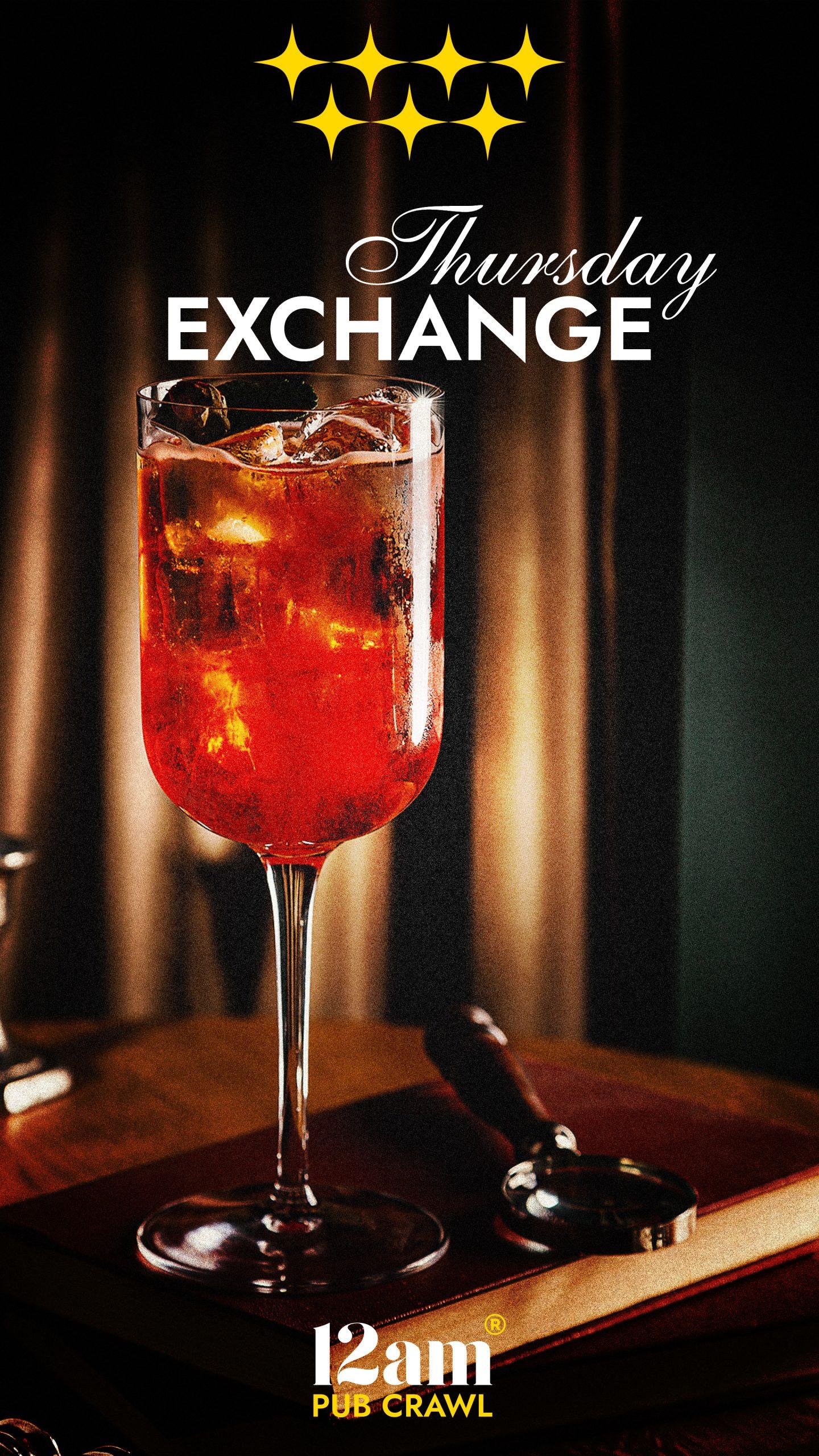 Thursday Exchange Madrid Pub Crawl flyer showing a tall glass of red cocktail with ice, on a book with a magnifying glass, four gold stars, and '12am Pub Crawl' logo. The best way to start your Madrid weekend.