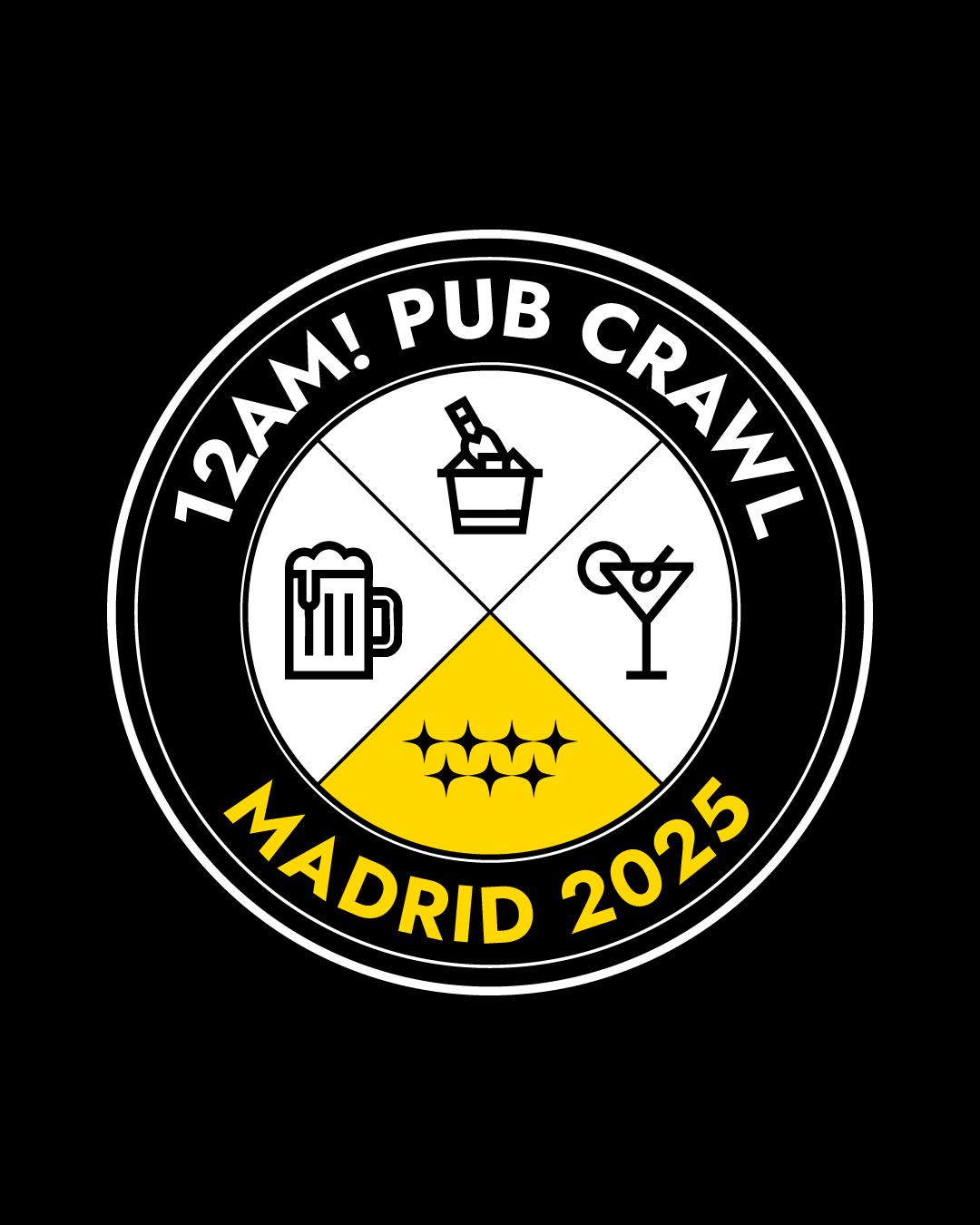 12AM Pub Crawl Madrid 2025 special logo, black and white with yellow highlights, featuring icons for beer, cocktails, champagne, and seven stars symbolizing the 7 core principles of the biggest and #1 social pub crawl in Europe, located right here in Madrid.