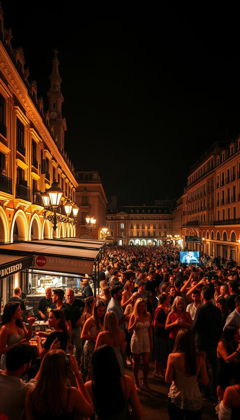 Massive crowd of young adults enjoying a lively street party and vibrant nightlife in a historic square in Madrid, perfect for a 12AM Pub Crawl. Showcasing Madrid's famous social atmosphere for Erasmus students and solo travelers.