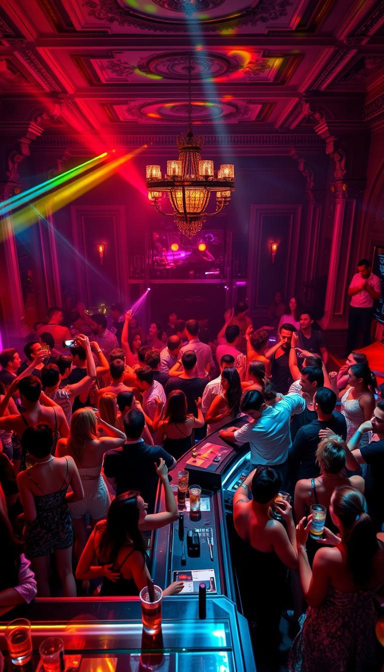 Crowd dancing under vibrant lights and a chandelier in an opulent Madrid nightclub, embodying the city's unique party culture during a 12AM Pub Crawl for Erasmus students and solo travelers.