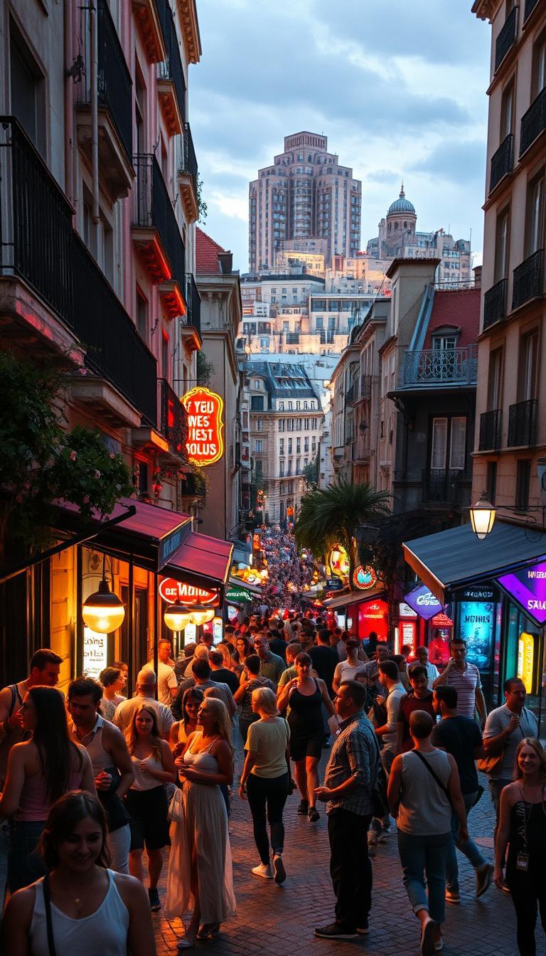 Bustling street in Madrid at dusk, filled with people, illuminated shops, and historic buildings, highlighting where to party in Madrid and the starting point for a 12AM Pub Crawl for Erasmus students and solo travelers.
